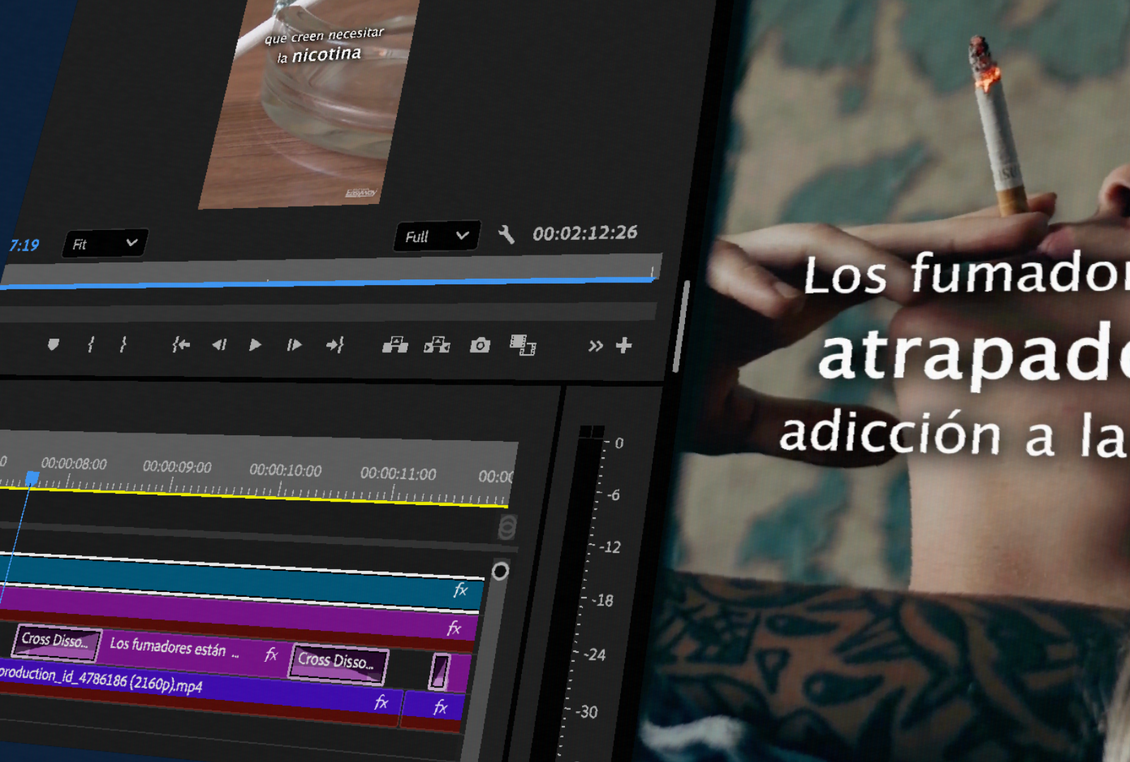Adobe Premiere Pro editing interface showing a timeline and preview of a stop-smoking clinic video with Spanish text overlay about nicotine addiction